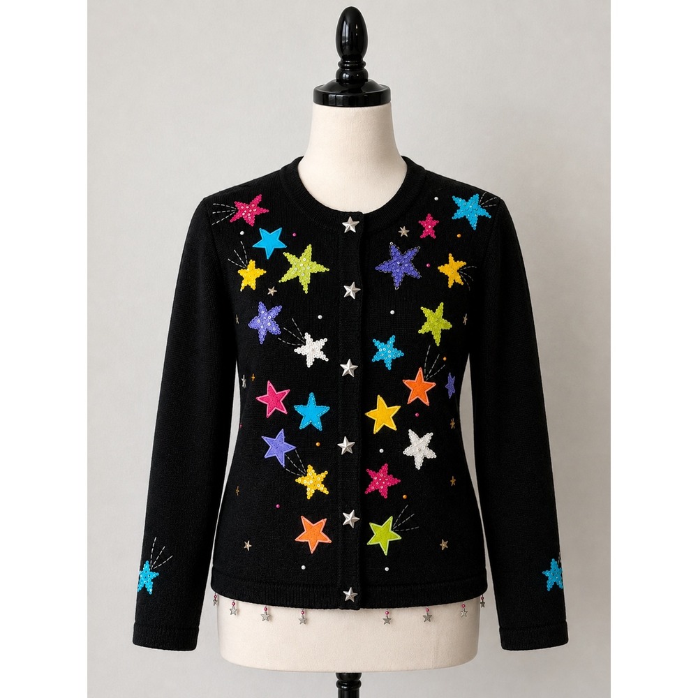Vintage Jack B. Quick Petites Black Celestial Star Beaded Cardigan Sweater PP